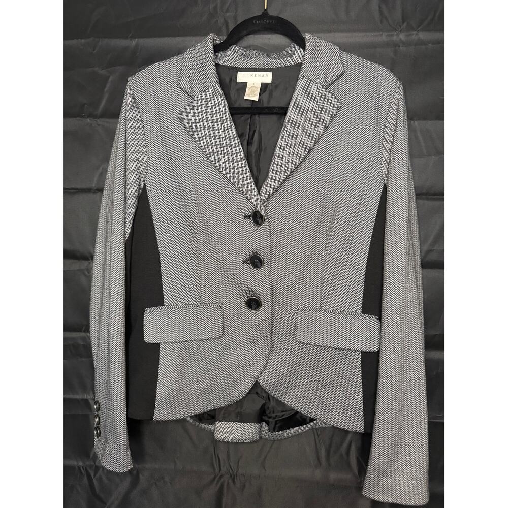 Kenar Black Gray Knit Blazer Jacket Size L Tailored Career 3 Button - Picture 2 of 8